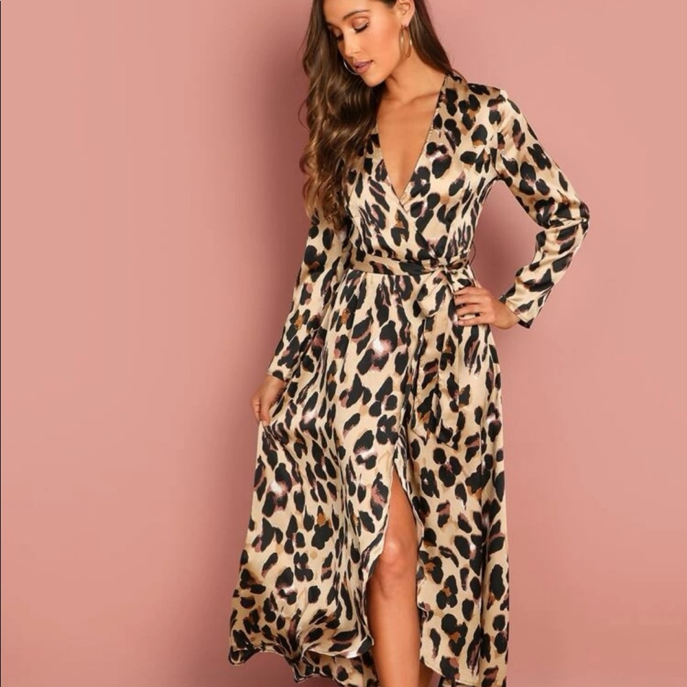 SHEIN Cheetah print wrap maxi dress with slit, size 8-10 (L)
